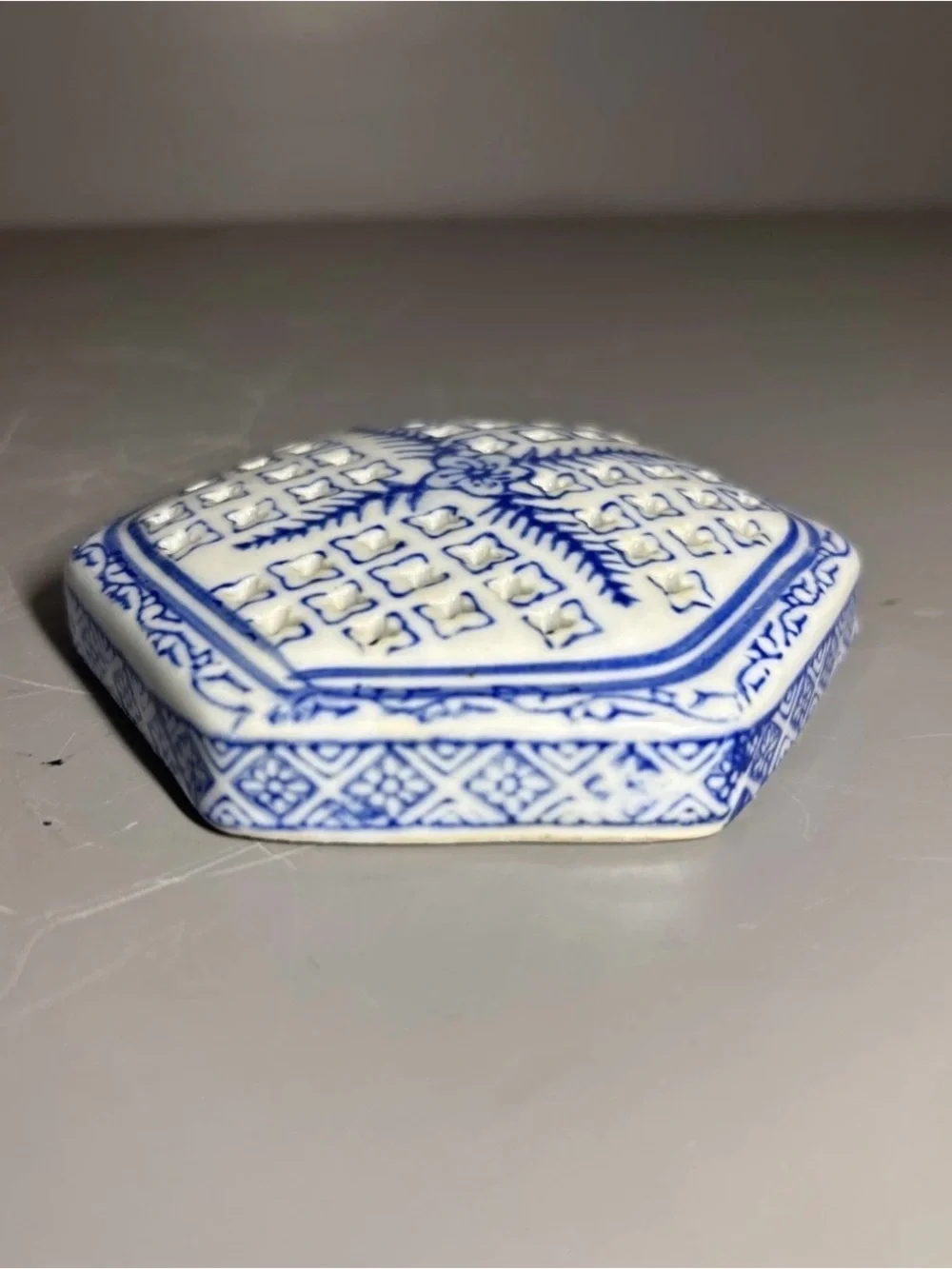 Blue and White Hexagonal Porcelain Storage Box - Decorative Trinket Dish